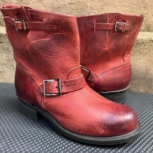 Frye Women's Red Leather Engineer Short Moto Boots